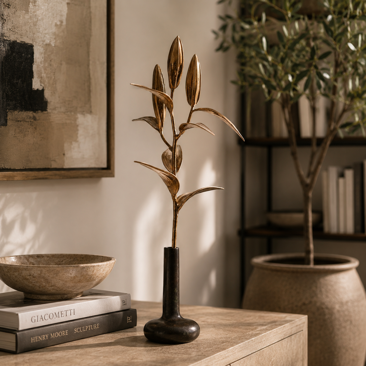 Bloom by Alistair Bennett. Bronze sculpture of a lily stem