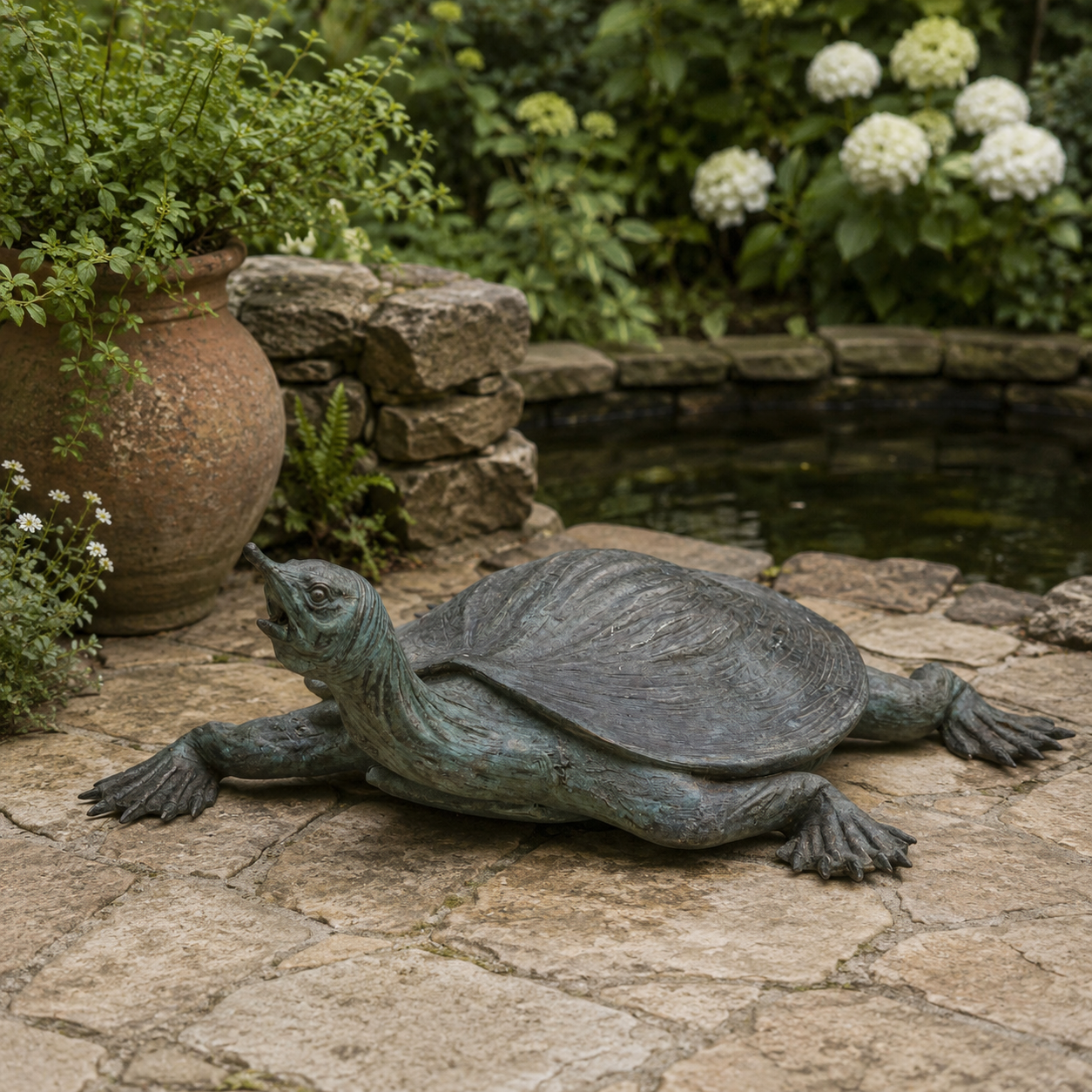 A realistic bronze sculpture of a Terrapin which also doubles as a water fountain.