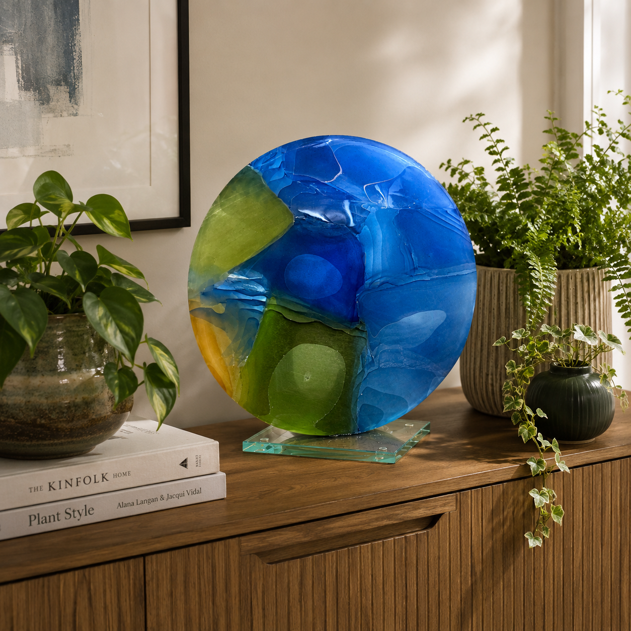 Blue Planet by Martyn Barratt. Kiln formed glass sculpture in blue and green