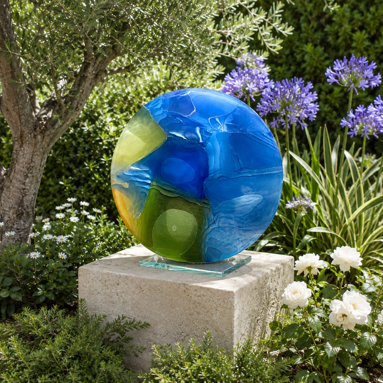 Blue Planet by Martyn Barratt. Kiln formed glass sculpture in blue and green
