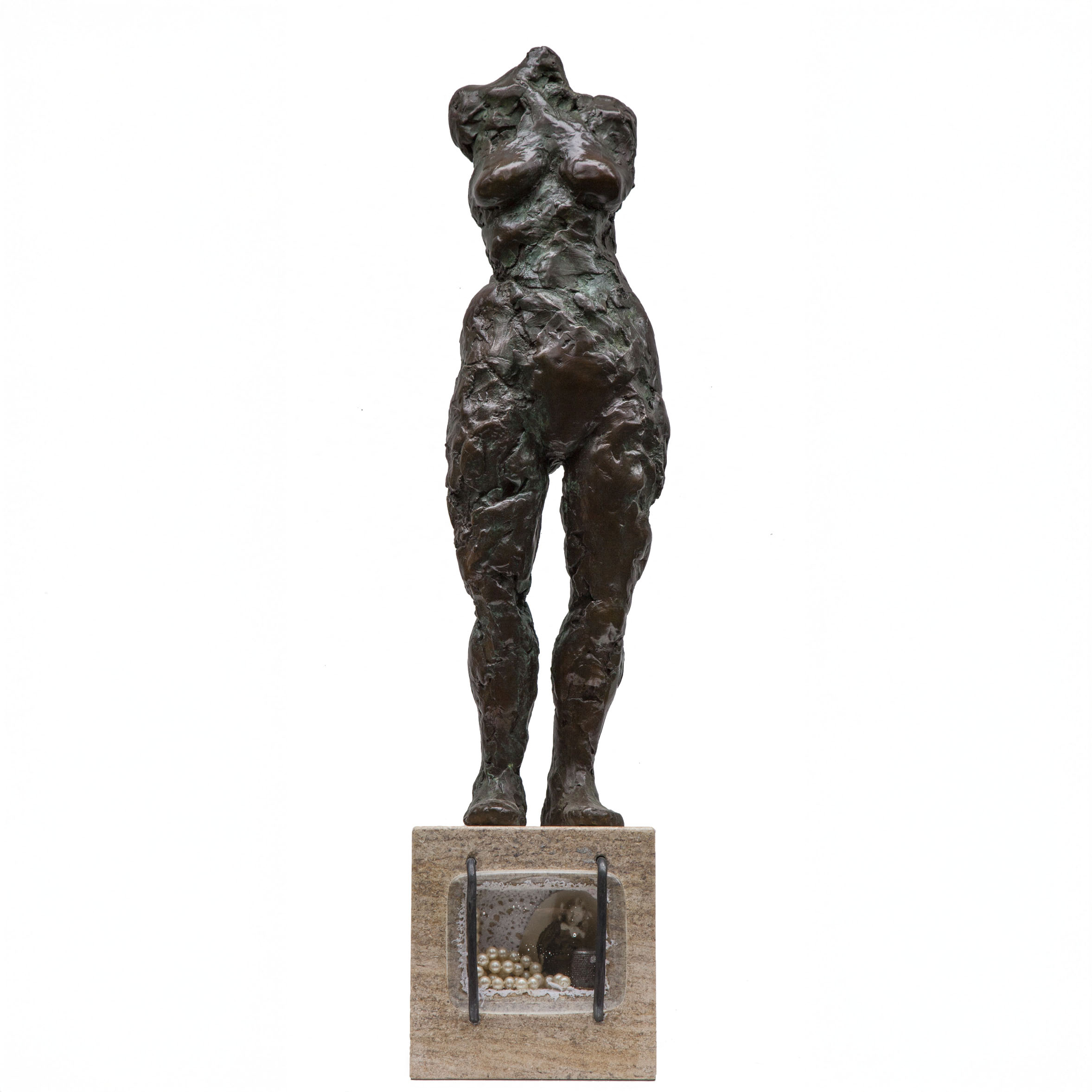 Bronze sculpture of a female figure standing on an Ancaster stone box filled with various items including pearls and lacework