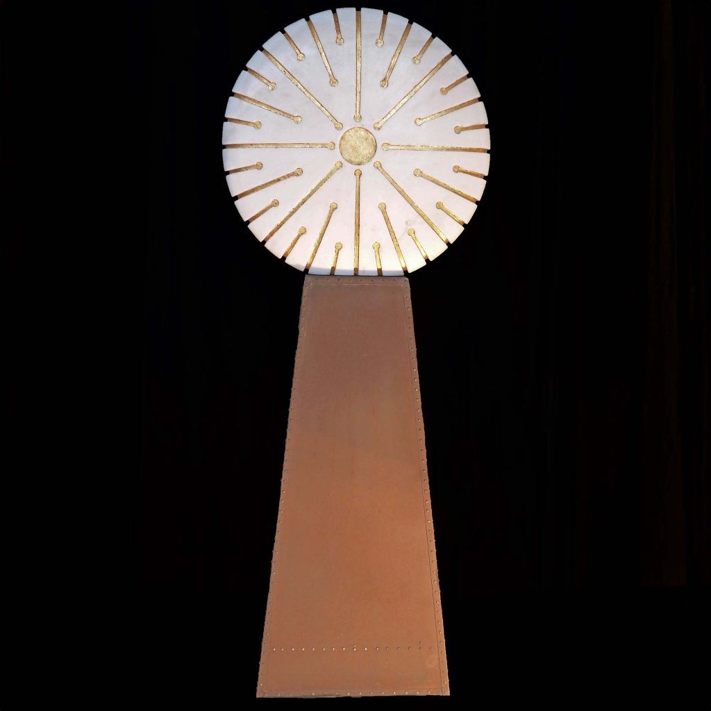 Atman by Jonathan Loxley. Unique abstract sculpture made from marble and gold leaf. A white circle of marble is marked with gold in a clock type formation.