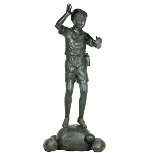 Large Boy on Stepping Stone by Leonardo Ross. Bronze sculpture of a tall boy balancing of a stepping stone with his hands in the air for balance.