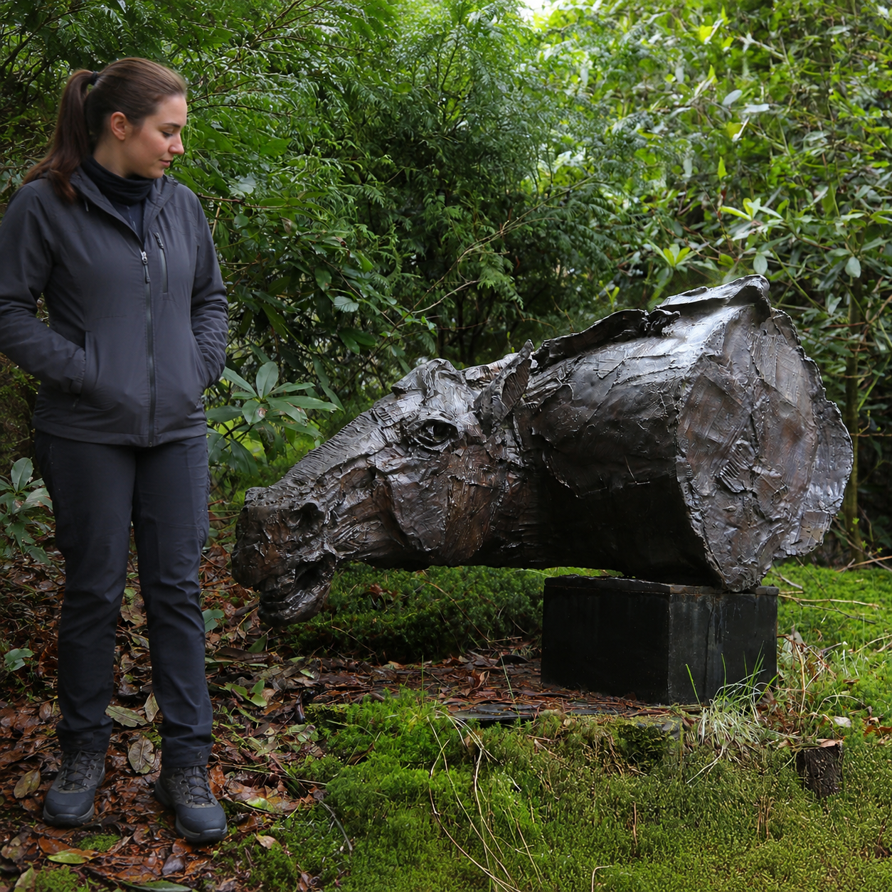 The Sentinel by Bob Crutchley. A woman stands beside a bronze sculpture of a horse's head.
