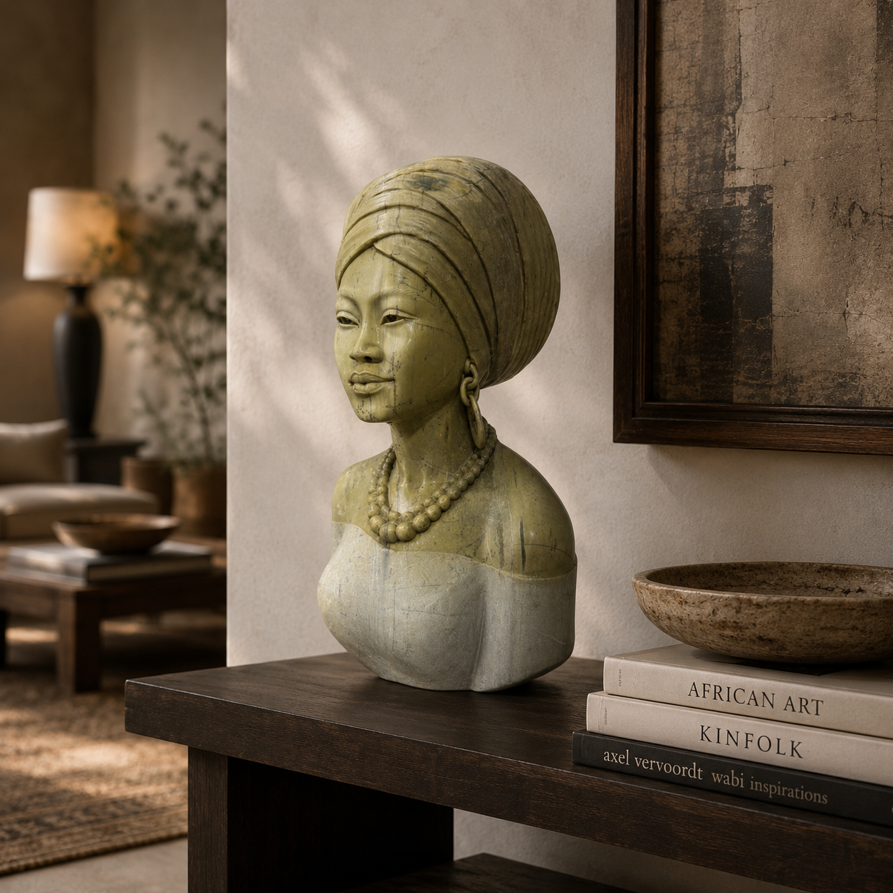 African Beauty by Farai Mangenda. Bust sculpture of an African woman made from butter jade stone