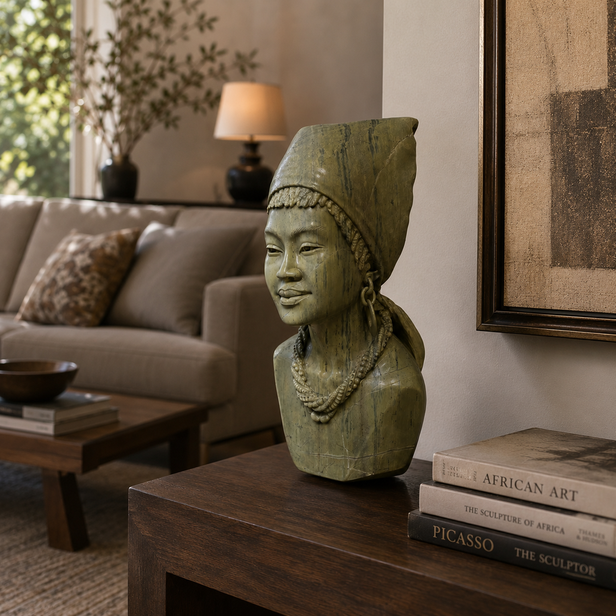 African Queen by Farai Mangenda. Female stone bust sculpture made from Butter Jade stone.
