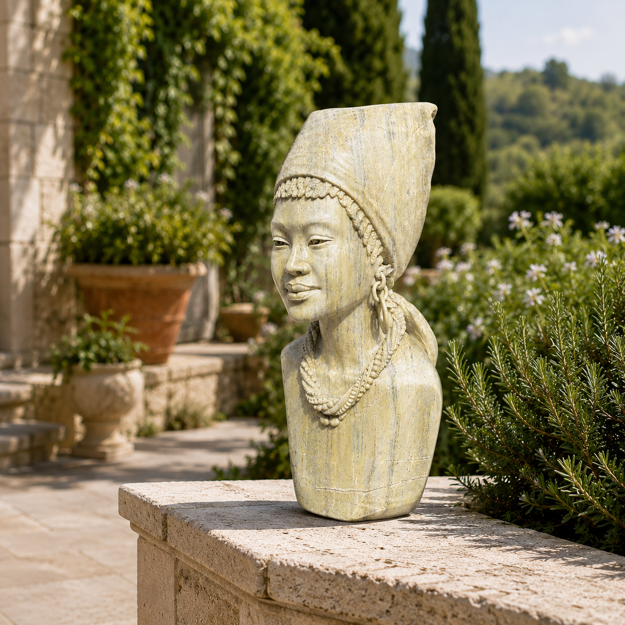 African Queen by Farai Mangenda. Female stone bust sculpture made from Butter Jade stone.