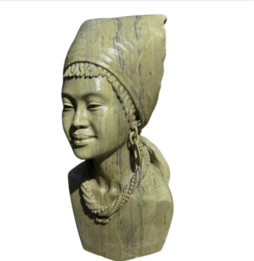 African Queen by Farai Mangenda. Female stone bust sculpture made from Butter Jade stone.