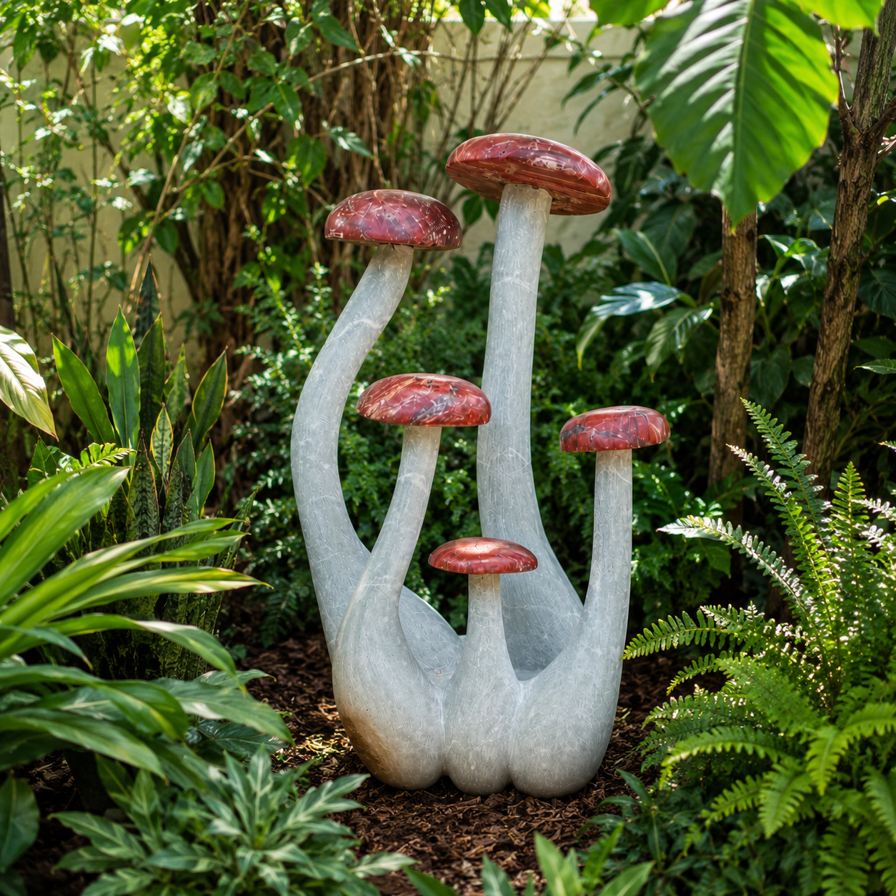 Mushrooms by Biggie Chikodzi. Unique Shona stone sculpture of five white mushrooms with orange caps. Made from Red Jasper and Opal Stone.
