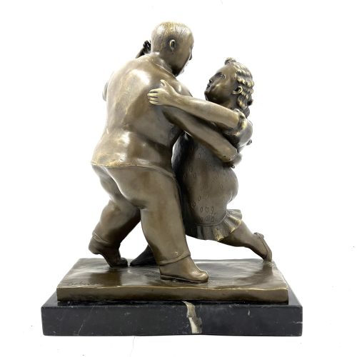 Couple Dancing the Tango by After Fernando Botero. Table-top sized bronze figurative sculpture of a couple ballroom dancing together.