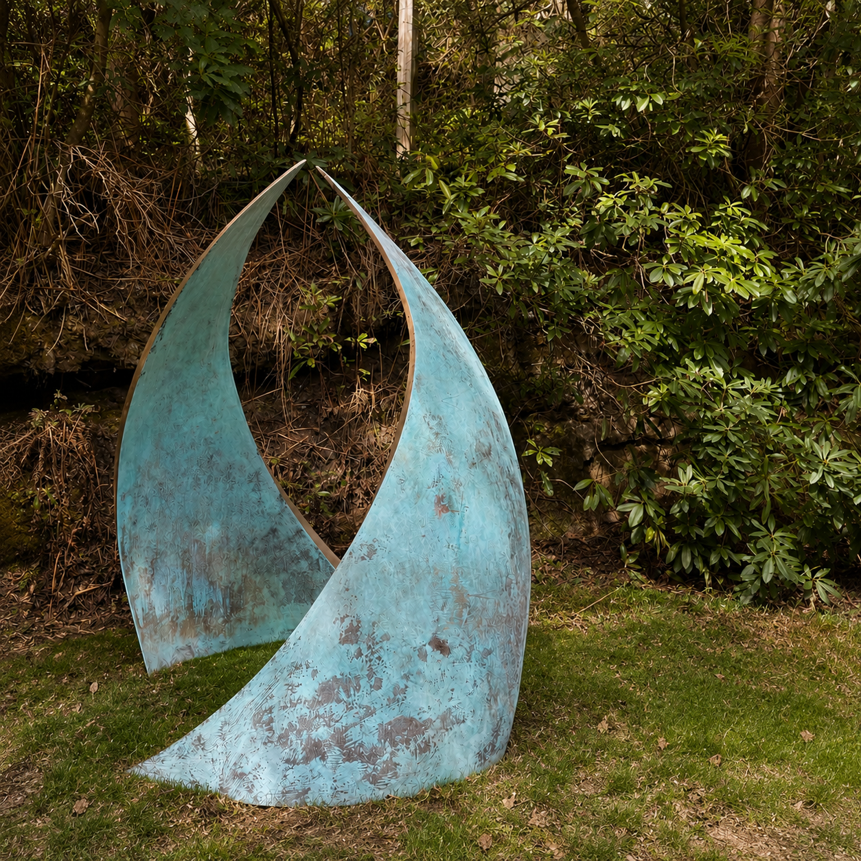 Embrace by Simon Gudgeon. Monumental abstract bronze sculpture of two wave like two forms that arch in towards each other.