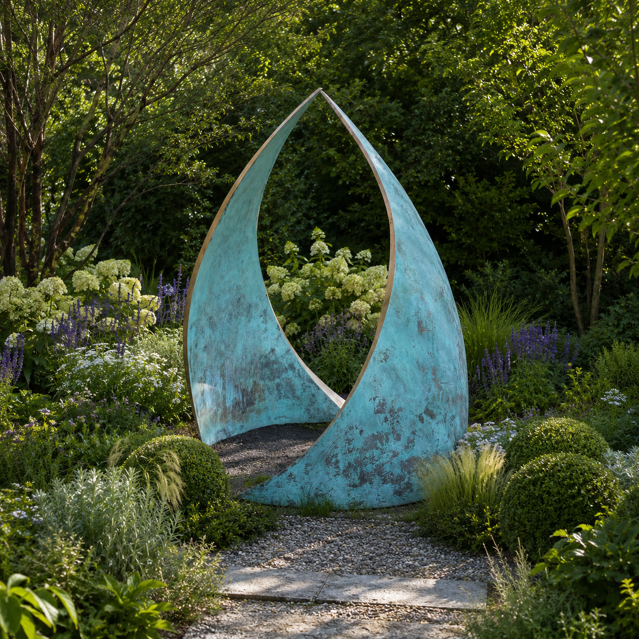 Embrace by Simon Gudgeon. Monumental abstract bronze sculpture of two wave like two forms that arch in towards each other.