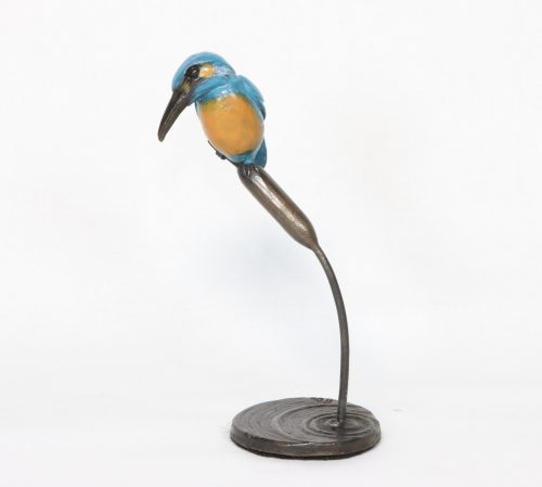 Kingfisher on Reed by Steve Boss. A delightful miniature bronze sculpture of a kingfisher perched on top of a water reed.
