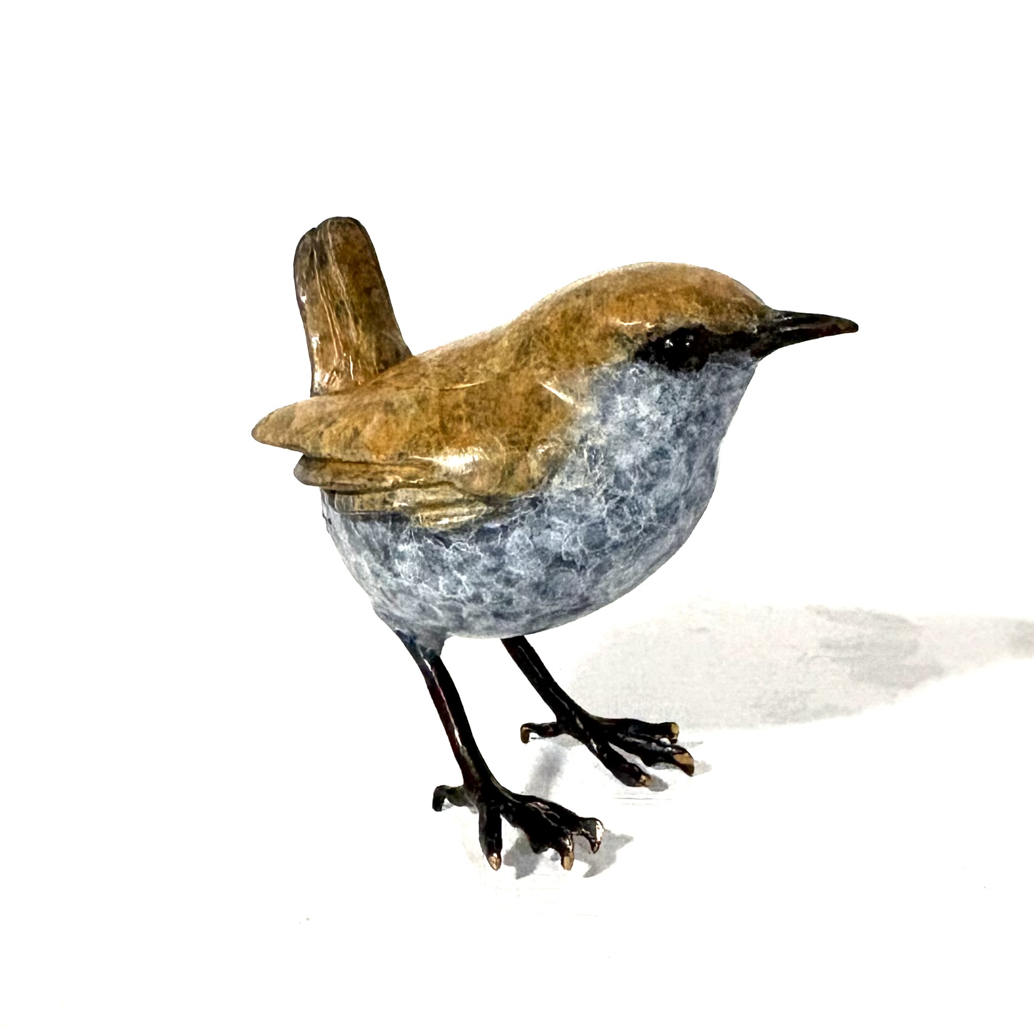Lifesize Wren by Steve Boss. Small bronze sculpture of one of Britain's smallest birds by the reknowned artist Steve Boss.