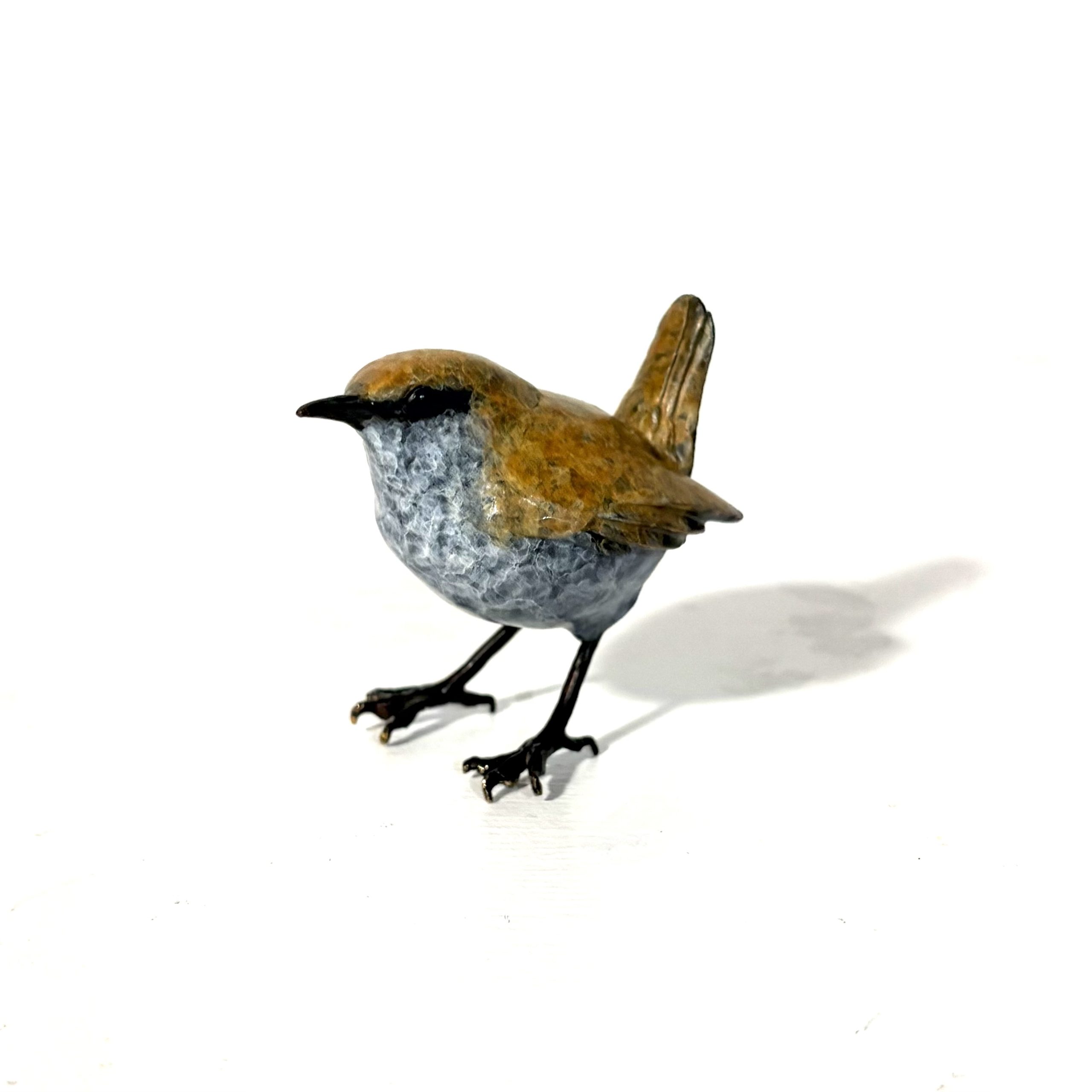Lifesize Wren by Steve Boss. Small bronze sculpture of one of Britain's smallest birds by the reknowned artist Steve Boss.