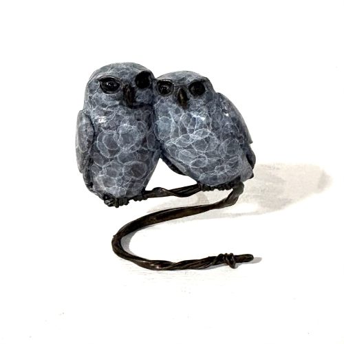 Owl Couple on Branch by Steve Boss. A delightful miniature bronze sculpture of two owls perched closely together on a branch.