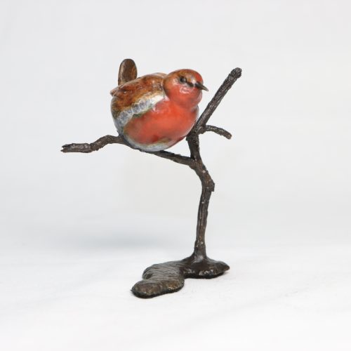 Robin on Branch by Steve Boss A delightful miniature bronze sculpture of a charming robin balanced on top of a tree branch.