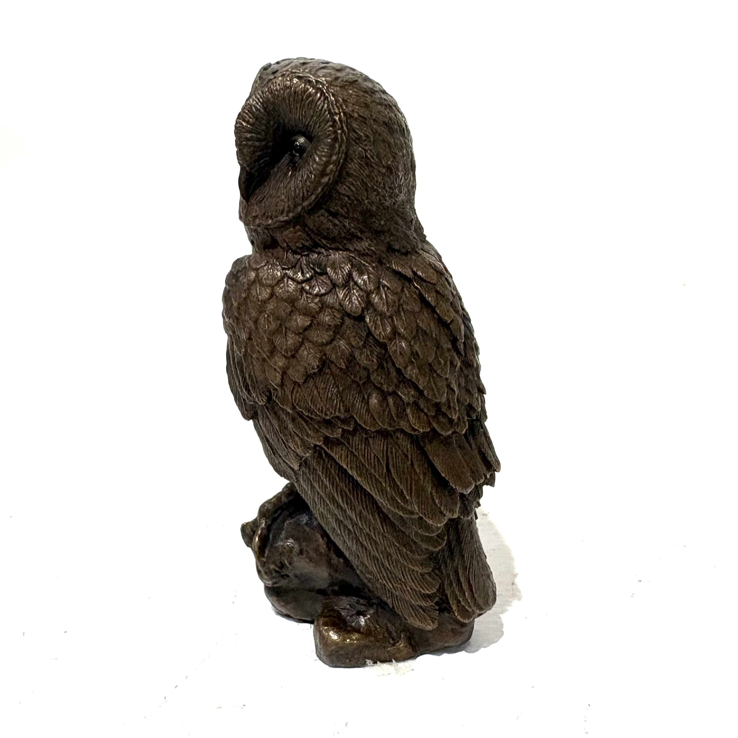 Barn Owl by Steve Langford. Small bronze bird sculpture of a barn owl.