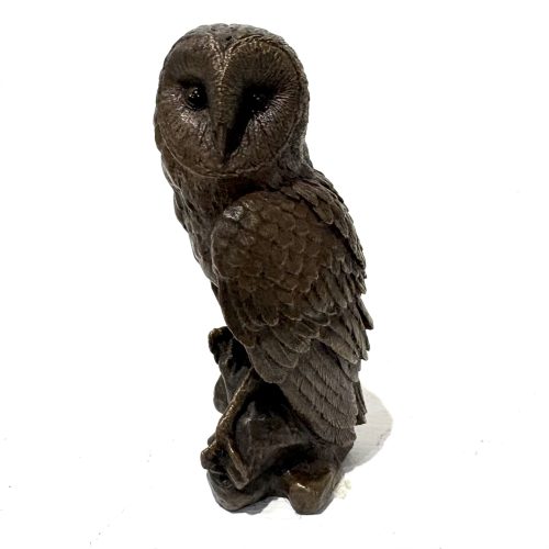 Barn Owl by Steve Langford. Small bronze bird sculpture of a barn owl.