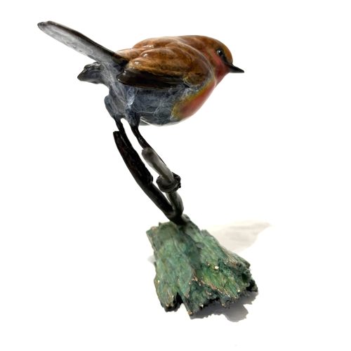 Robin on branch by Steve Langford. Small bronze bird sculpture of a robin perched on a branch.