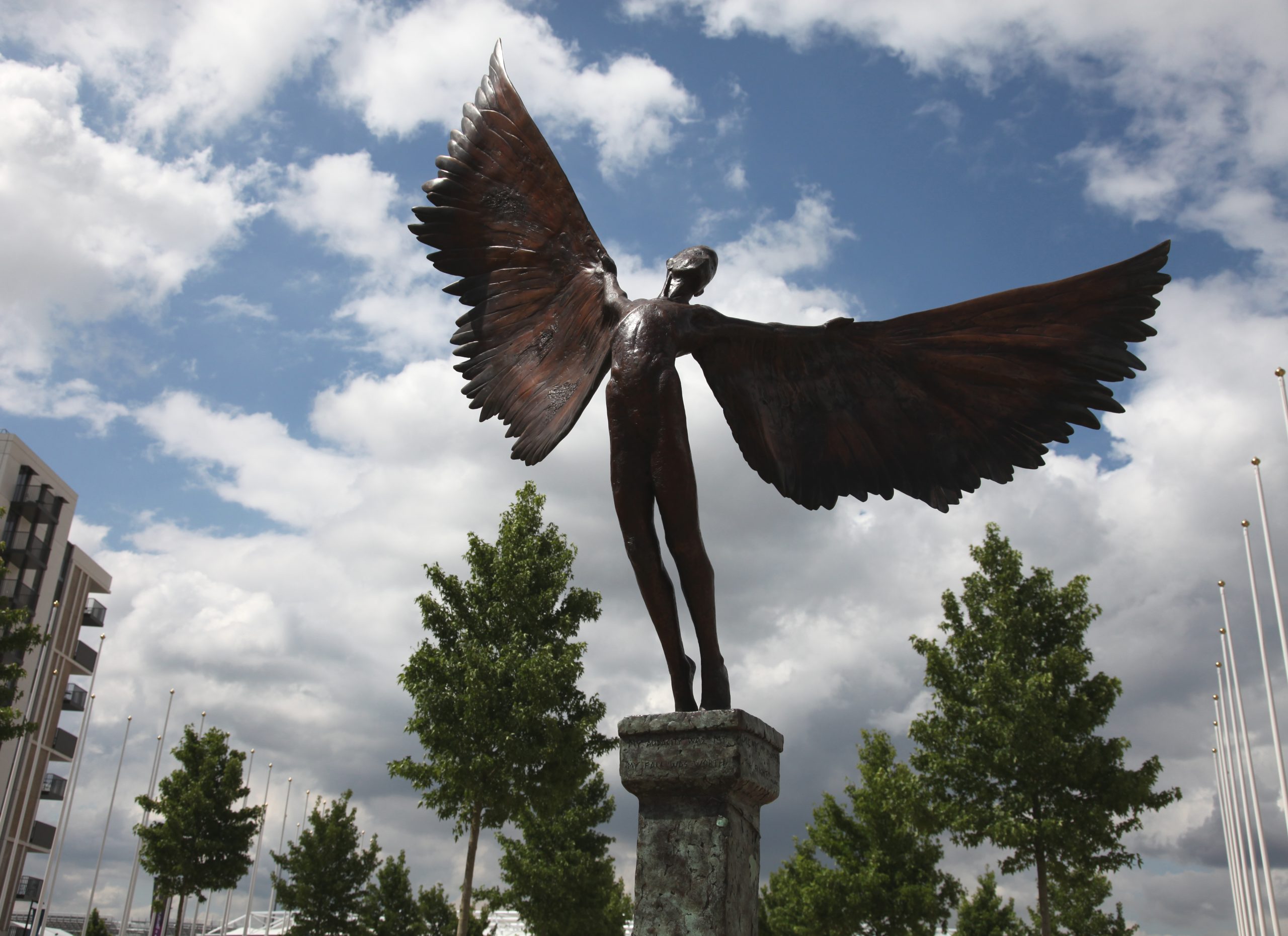 Nicola Godden Icarus sculpture at The Olmpic Village exhibited by The Sculpture Park