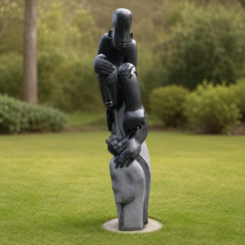 Brother in Arms by Tinei Mashaya. Monumental sized Springstone Shona sculpture of a male figure sitting on the shoulders of another figure.
