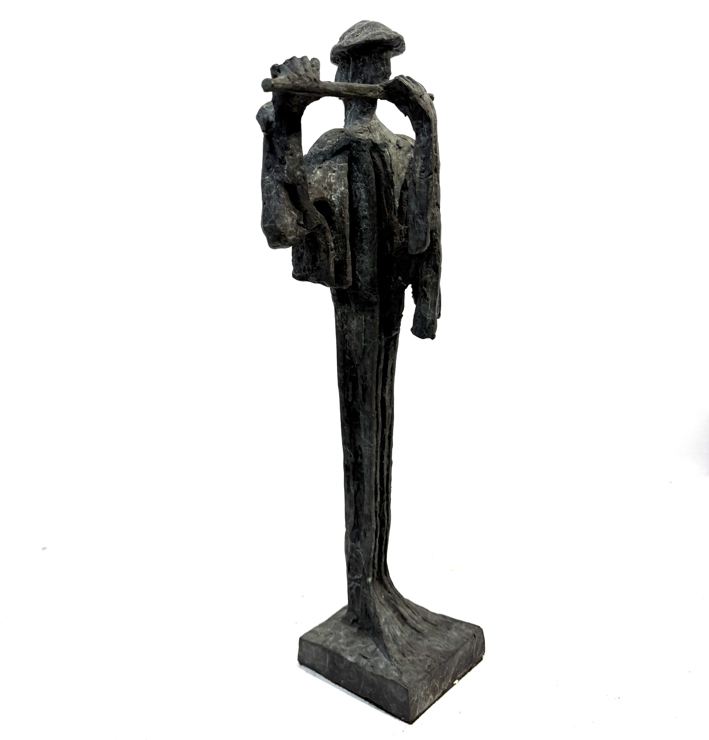 Flautist Maquette By Sean Crampton. Flautist Maquette By Sean Crampton. Table-top sized bronze sculpture of a man playing the flute. He wears a pointed hat.