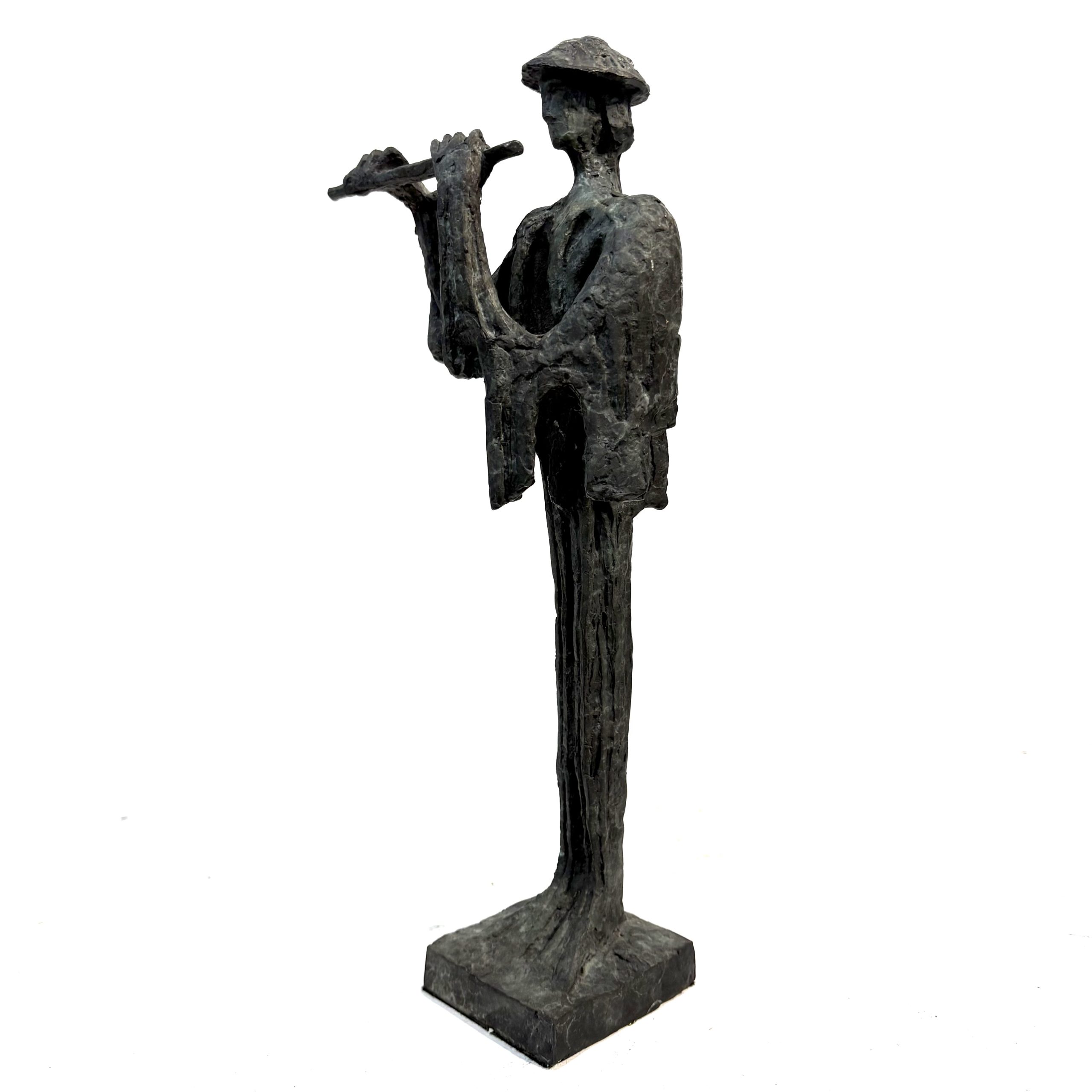 Flautist Maquette By Sean Crampton. Flautist Maquette By Sean Crampton. Table-top sized bronze sculpture of a man playing the flute. He wears a pointed hat.