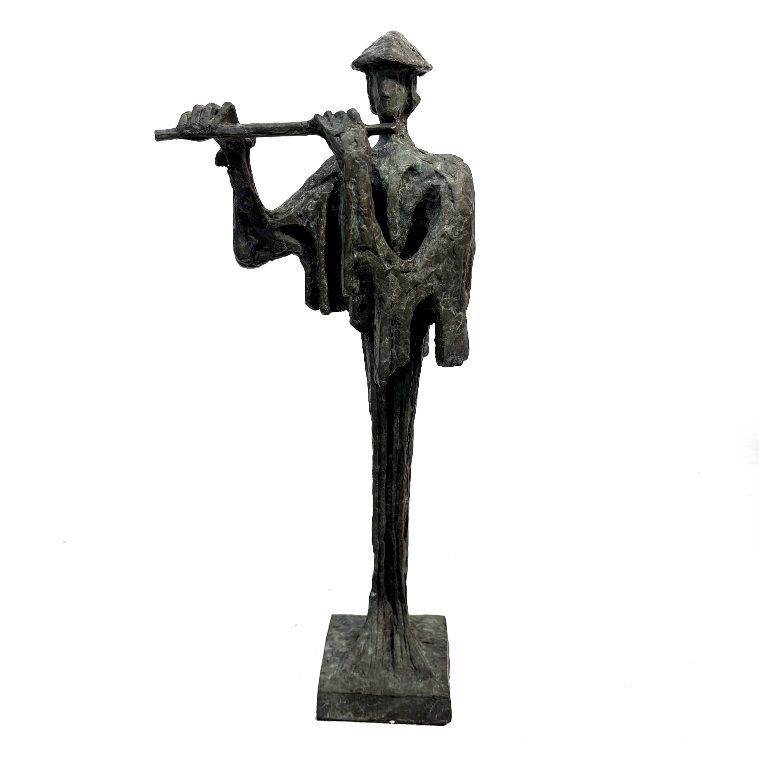 Flautist Maquette By Sean Crampton. Flautist Maquette By Sean Crampton. Table-top sized bronze sculpture of a man playing the flute. He wears a pointed hat.
