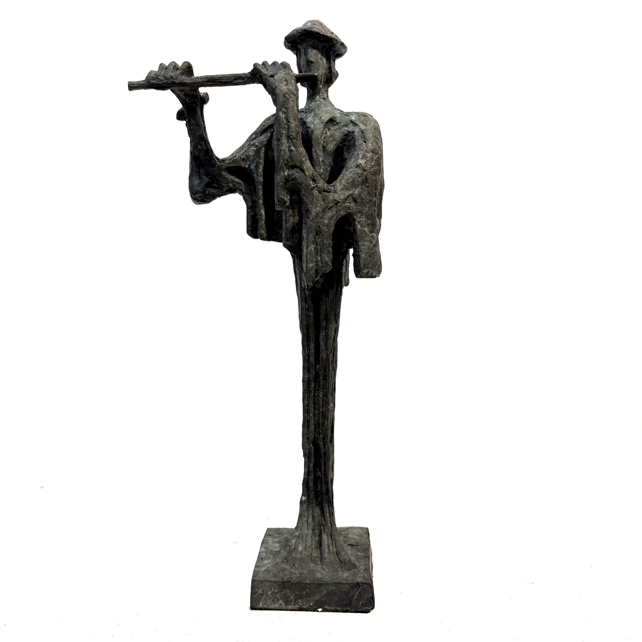 Flautist Maquette By Sean Crampton. Flautist Maquette By Sean Crampton. Table-top sized bronze sculpture of a man playing the flute. He wears a pointed hat.