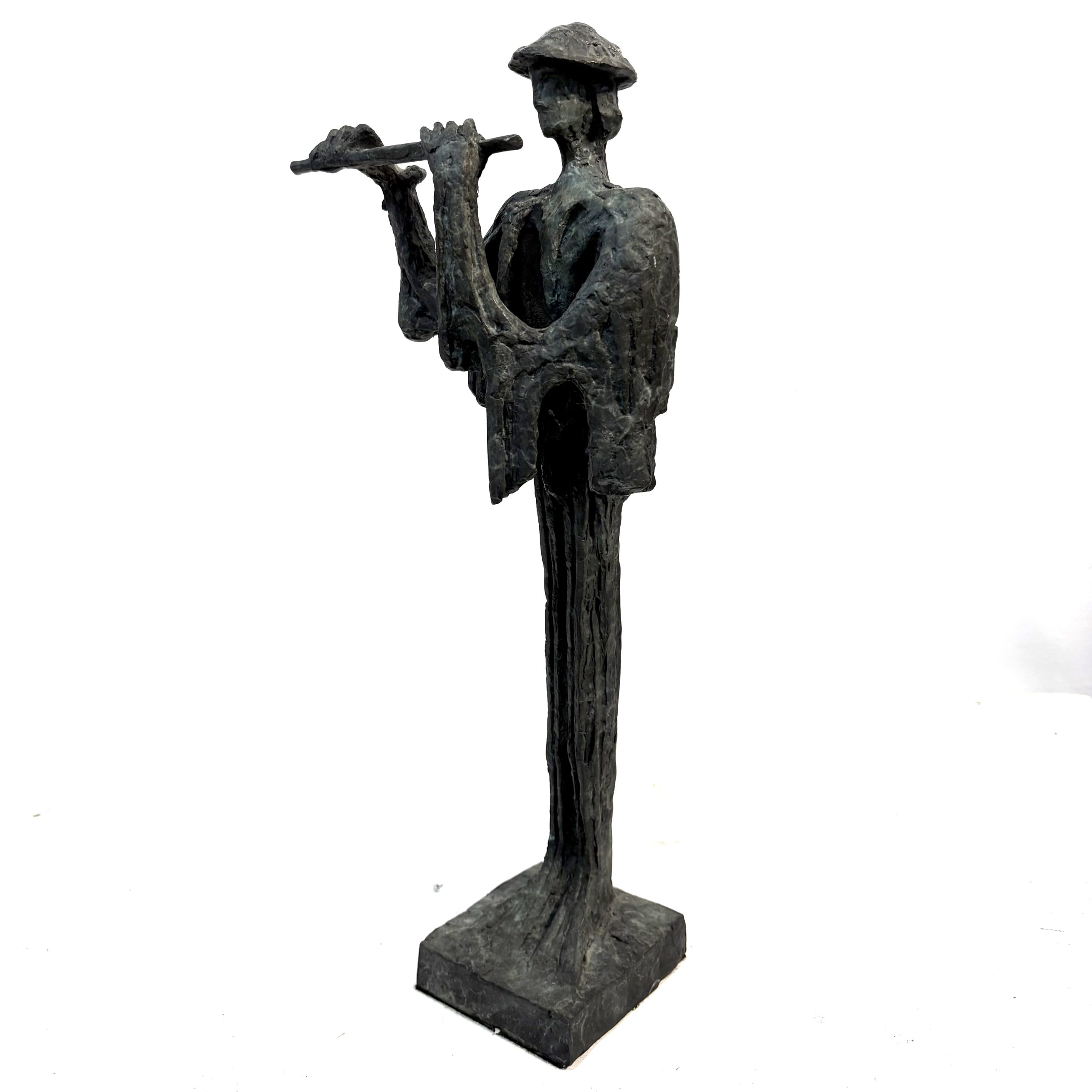 Flautist Maquette By Sean Crampton. Flautist Maquette By Sean Crampton. Table-top sized bronze sculpture of a man playing the flute. He wears a pointed hat.