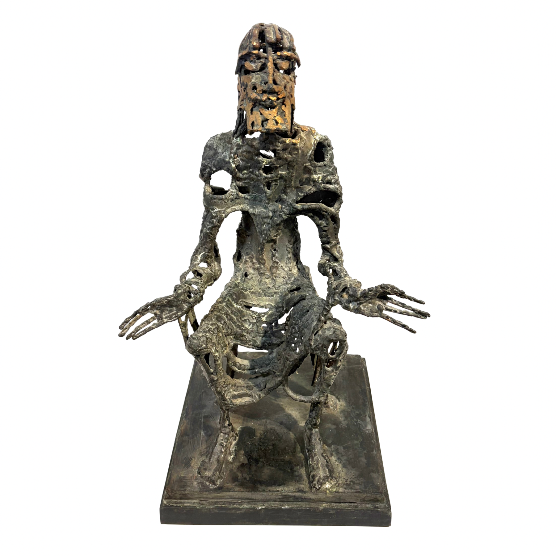 Judas by Sean Crampton. Table-top size bronze figurative sculpture of a seated man, Judas. Expressionistic in style.