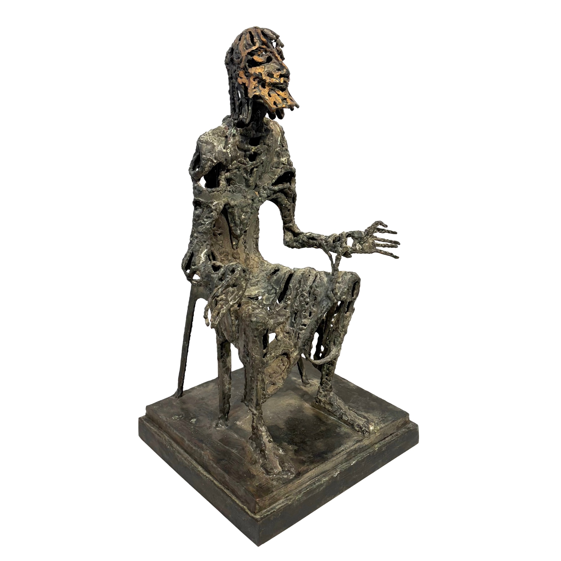 Judas by Sean Crampton. Table-top size bronze figurative sculpture of a seated man, Judas. Expressionistic in style.
