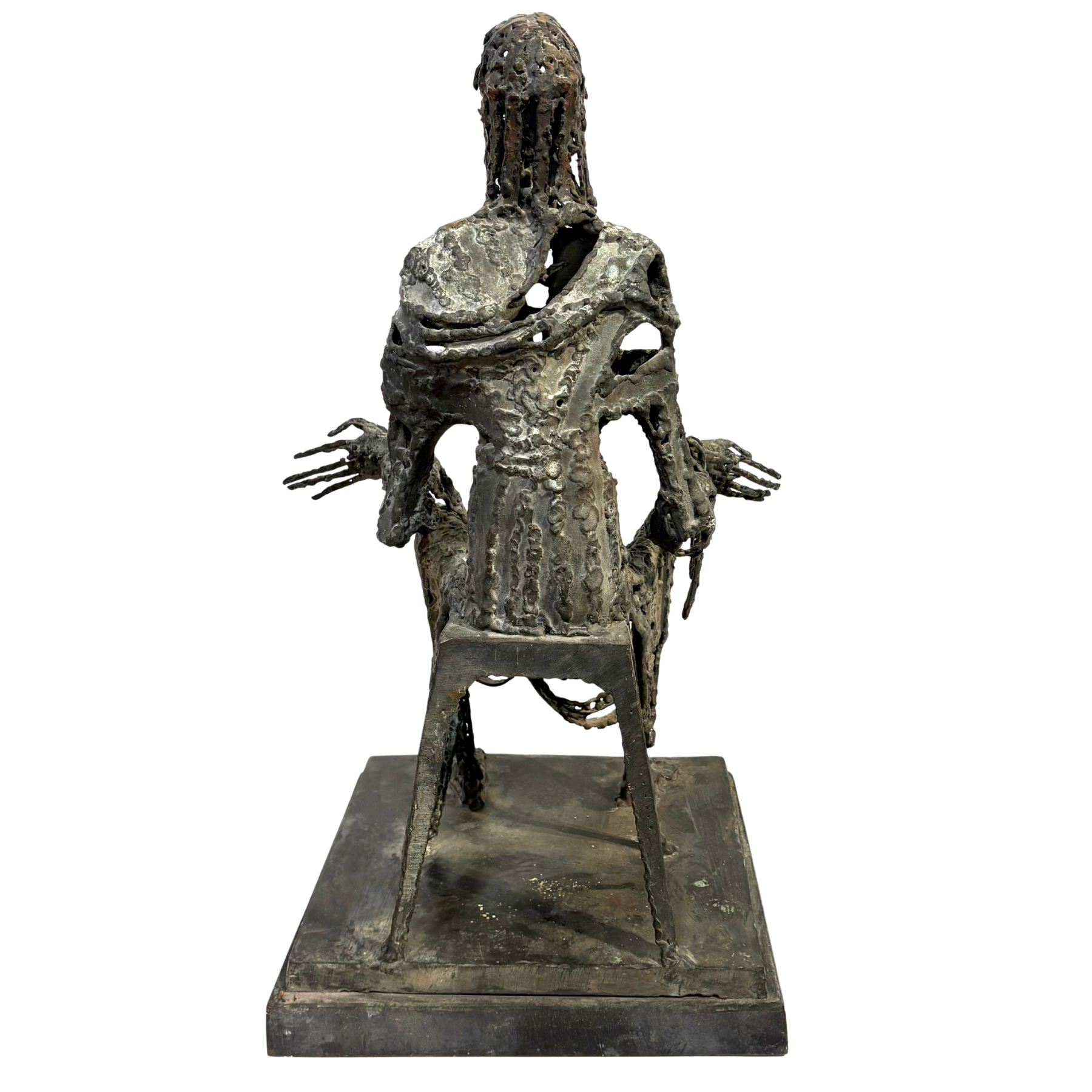 Judas by Sean Crampton. Table-top size bronze figurative sculpture of a seated man, Judas. Expressionistic in style.