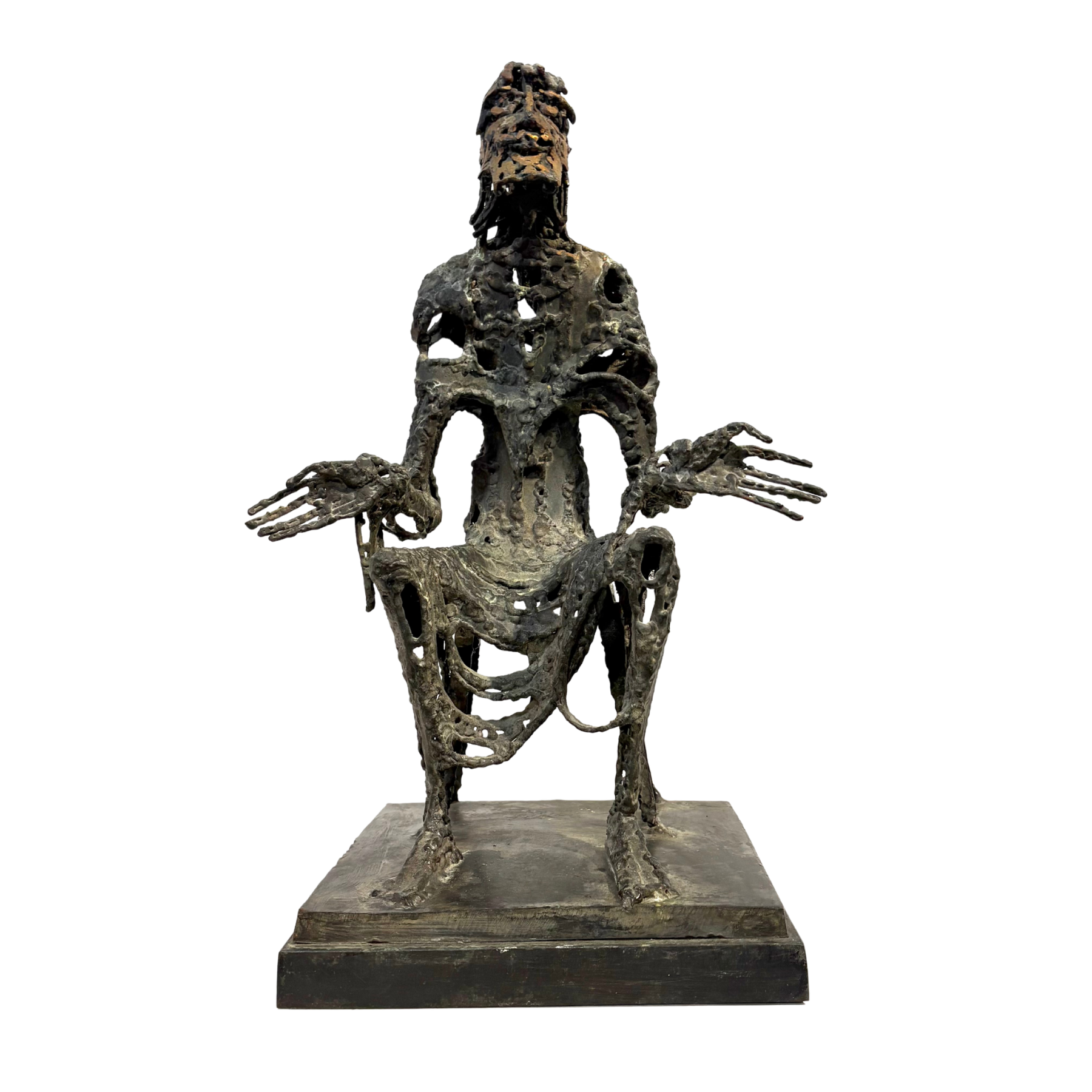 Judas by Sean Crampton. Table-top size bronze figurative sculpture of a seated man, Judas. Expressionistic in style.