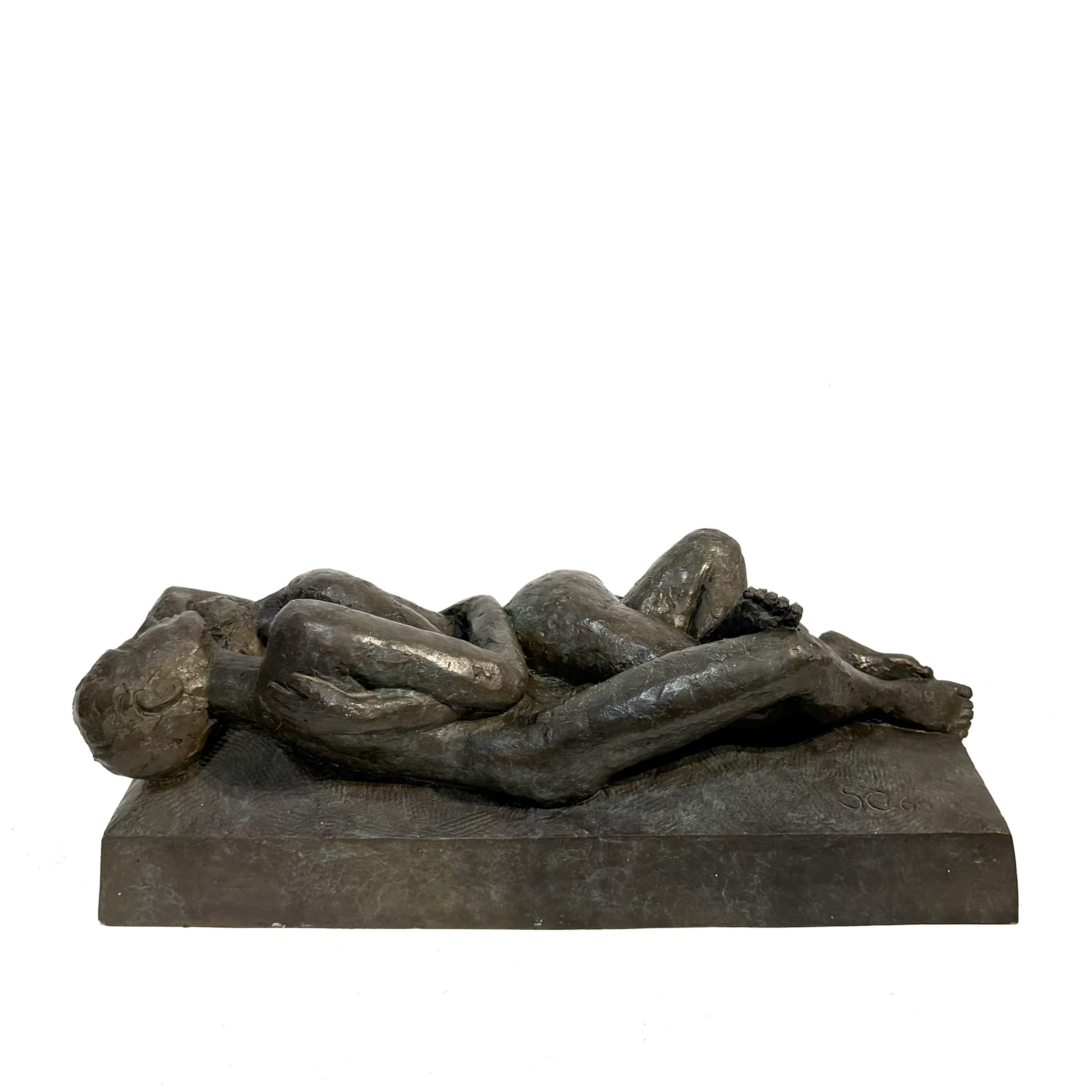 The Lovers by Sean Crampton. Table-top sized bronze sculpture of a nude male/female couple entwined