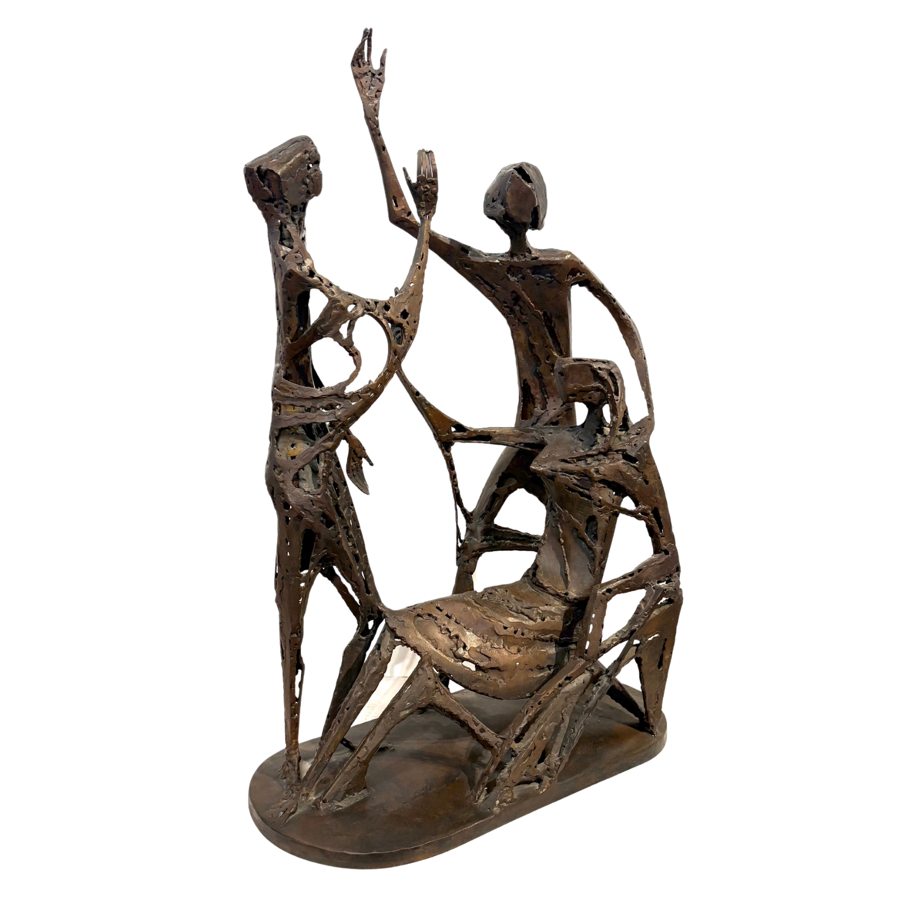 Vision by Sean Crampton, a figurative bronze sculpture of a group of 3 people conversing with one another.
