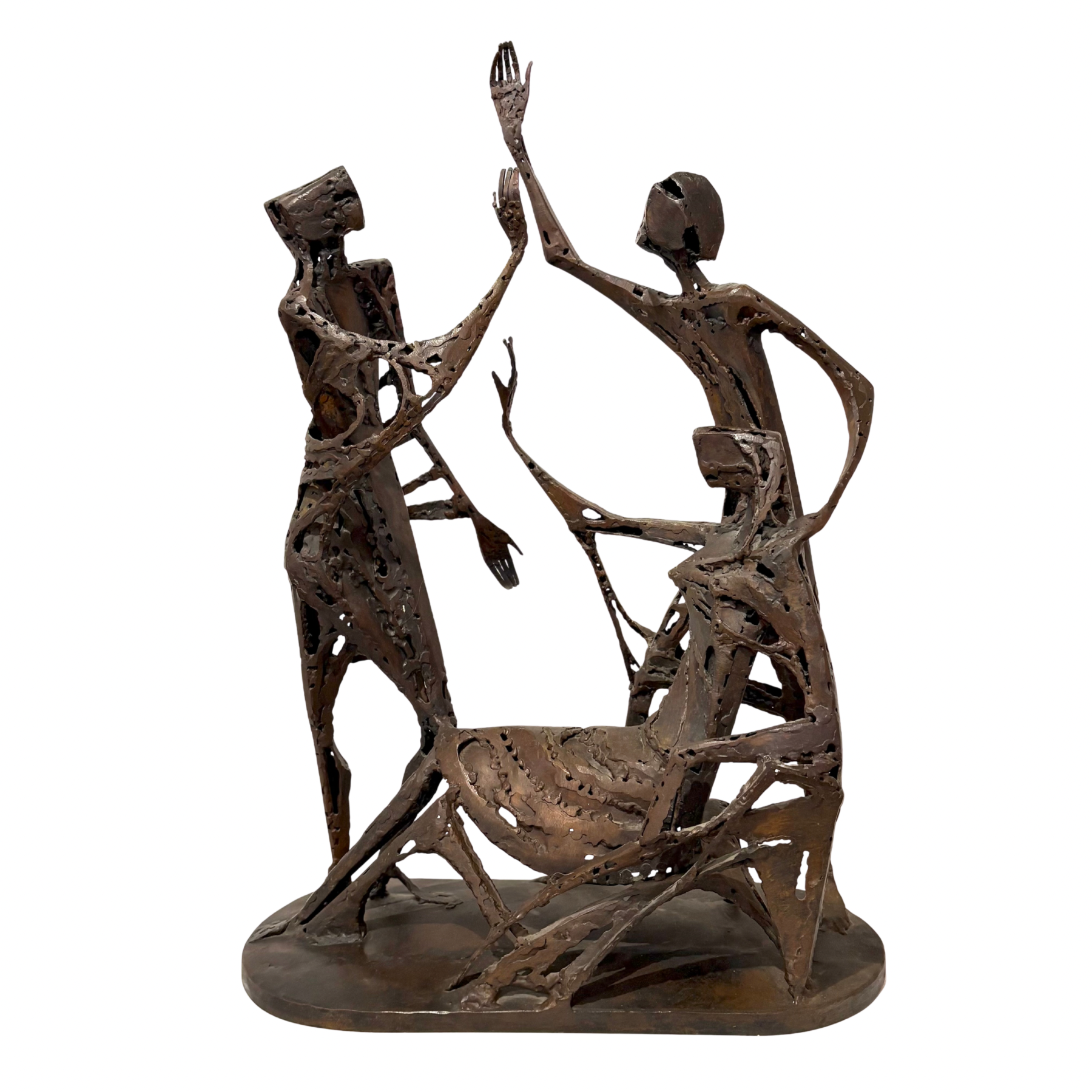 Vision by Sean Crampton, a figurative bronze sculpture of a group of 3 people conversing with one another.