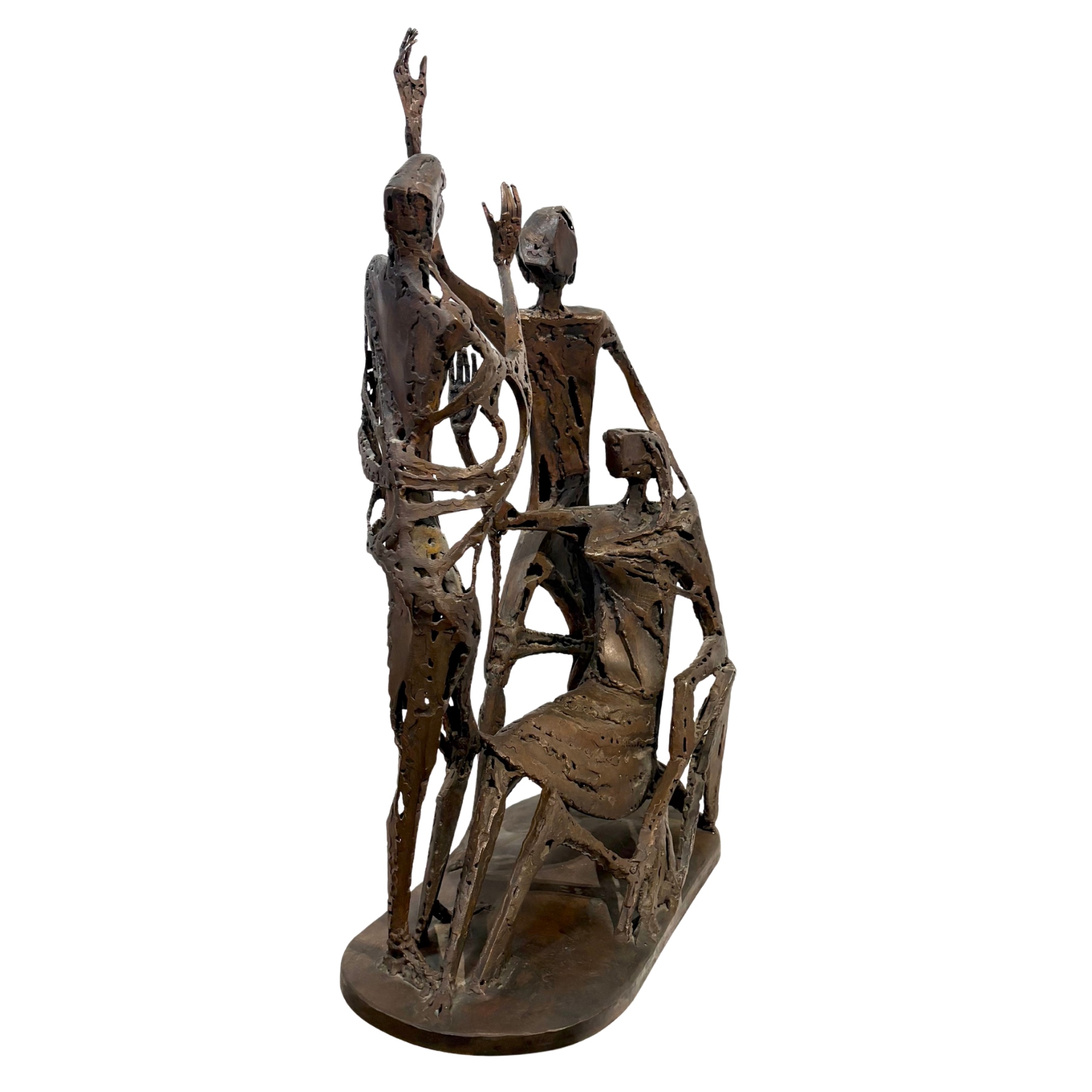 Vision by Sean Crampton, a figurative bronze sculpture of a group of 3 people conversing with one another.
