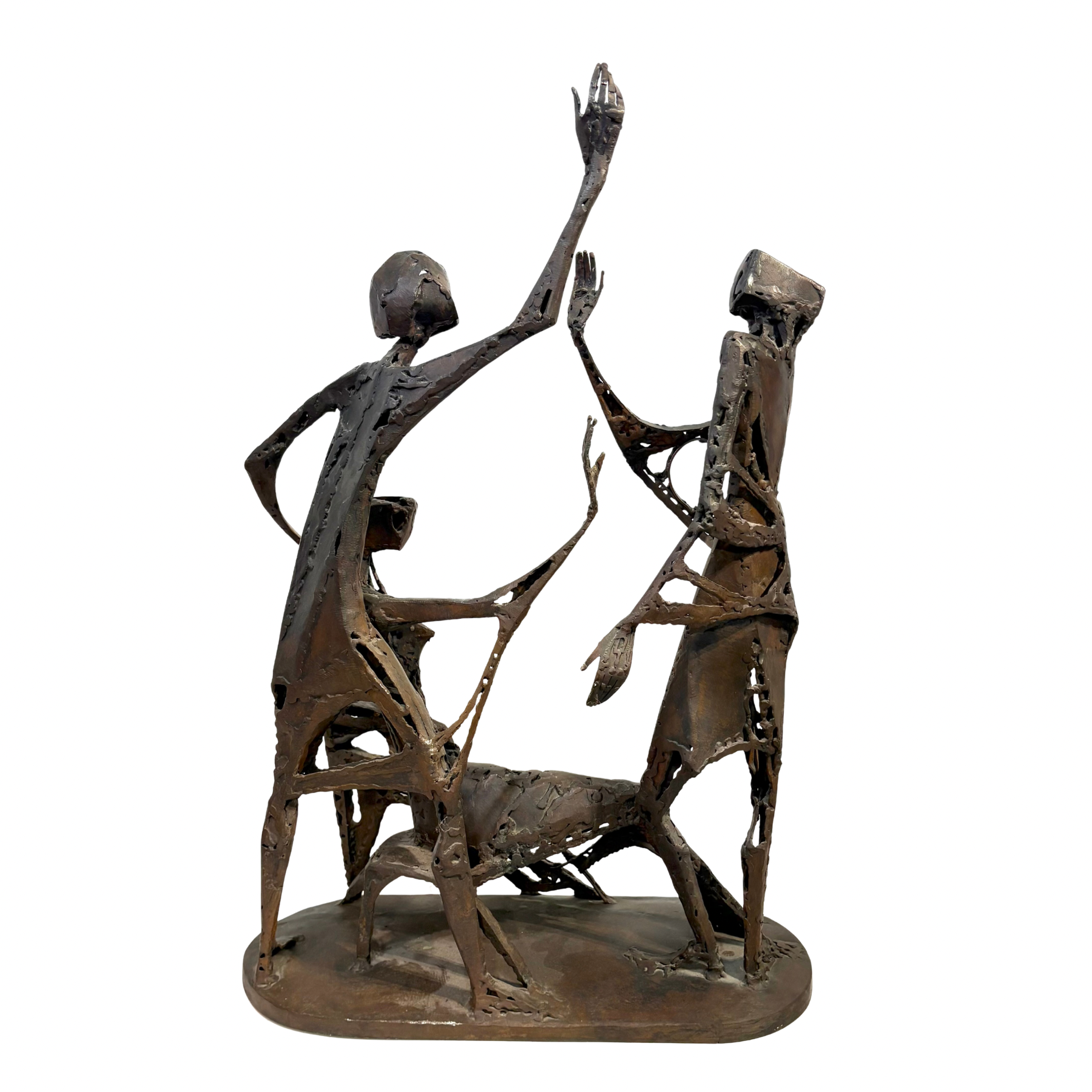Vision by Sean Crampton, a figurative bronze sculpture of a group of 3 people conversing with one another.