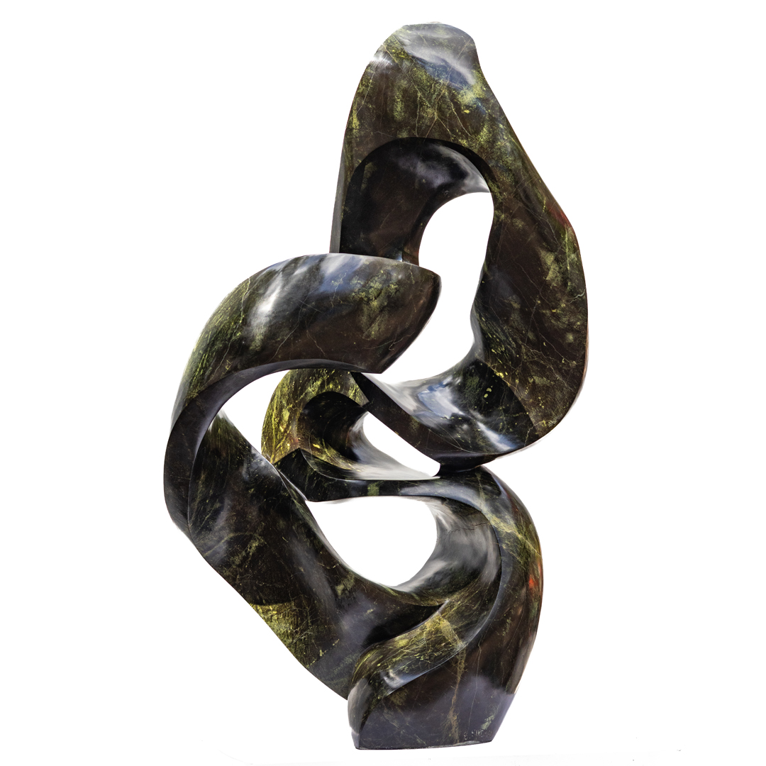 Healing Thoughts by Adrino Shephard Sikombo, a Shona Avocado Stone sculpture of a flowing curving abstract shape.