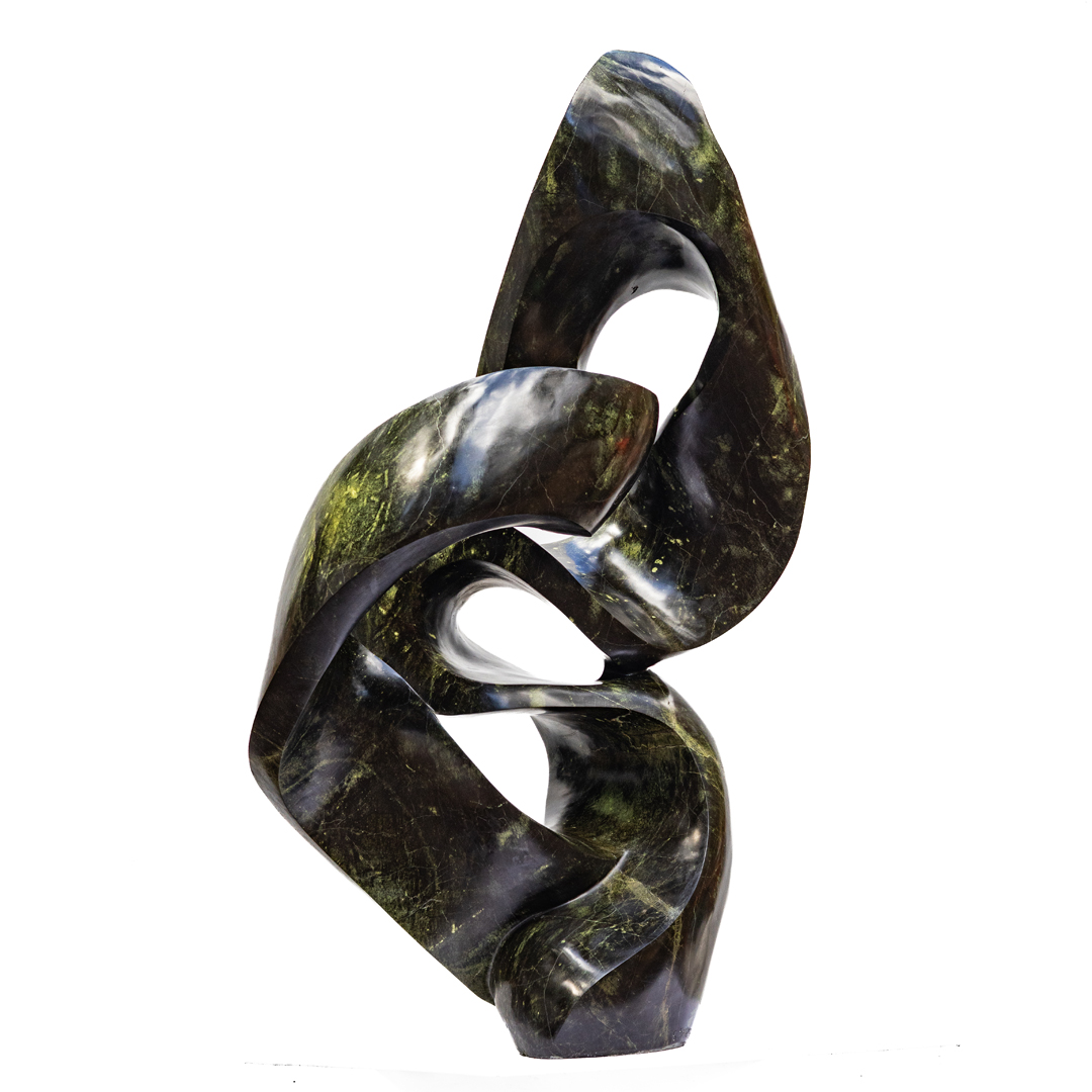 Healing Thoughts by Adrino Shephard Sikombo, a Shona Avocado Stone sculpture of a flowing curving abstract shape.