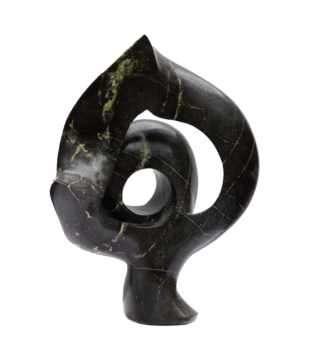 Enticing by Evison Nyamasoka. Unique table-top sized abstract Shona sculpture, hand carved from avocado stone. The stone swirls around a hole in the centre.