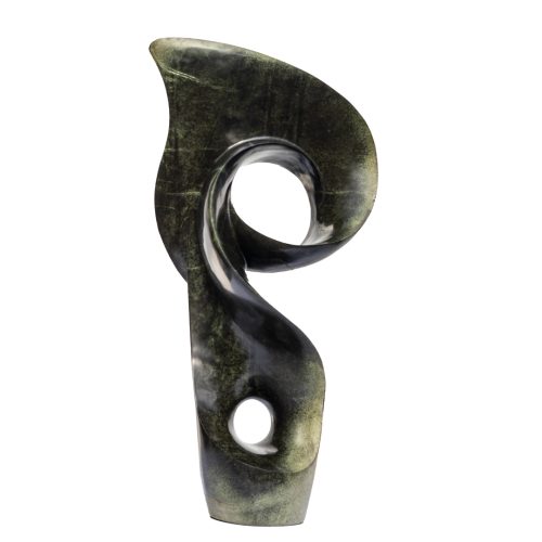 Listening to the Angels by Evison Nyamasoka. Avocado stone Shona sculpture. The abstract piece includes two voids - one near the base and a another in the upper swirl.