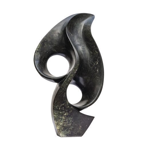 Opportunity by Evison Nyamasoka, a Shona Avocado stone sculpture of an abstract shape with two circles formed where the shape curles around itself.