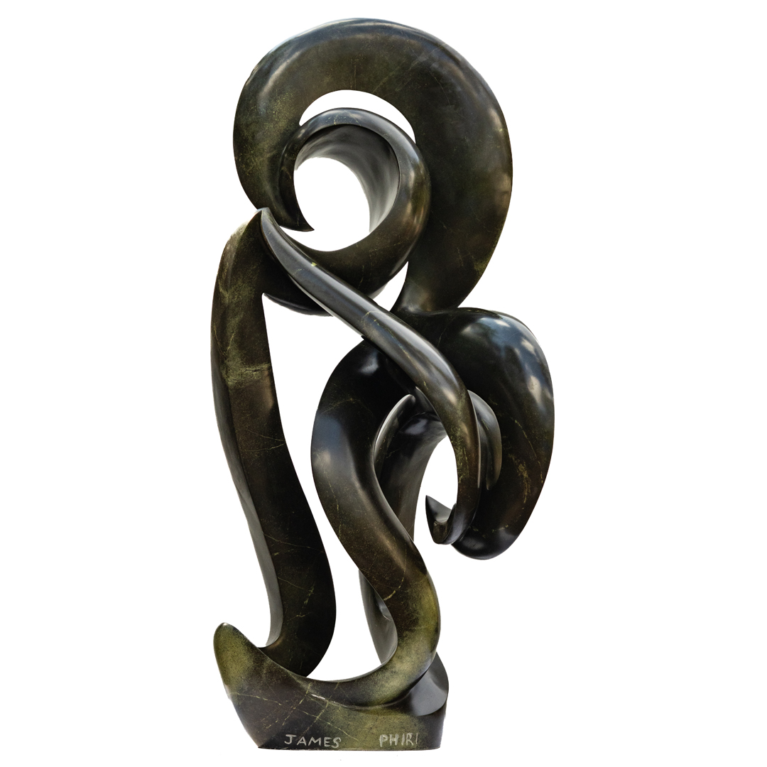 Cherished by James Phiri, a Shona Avocado stone sculpture of a tall abstract shape that curls and twists as it rises.