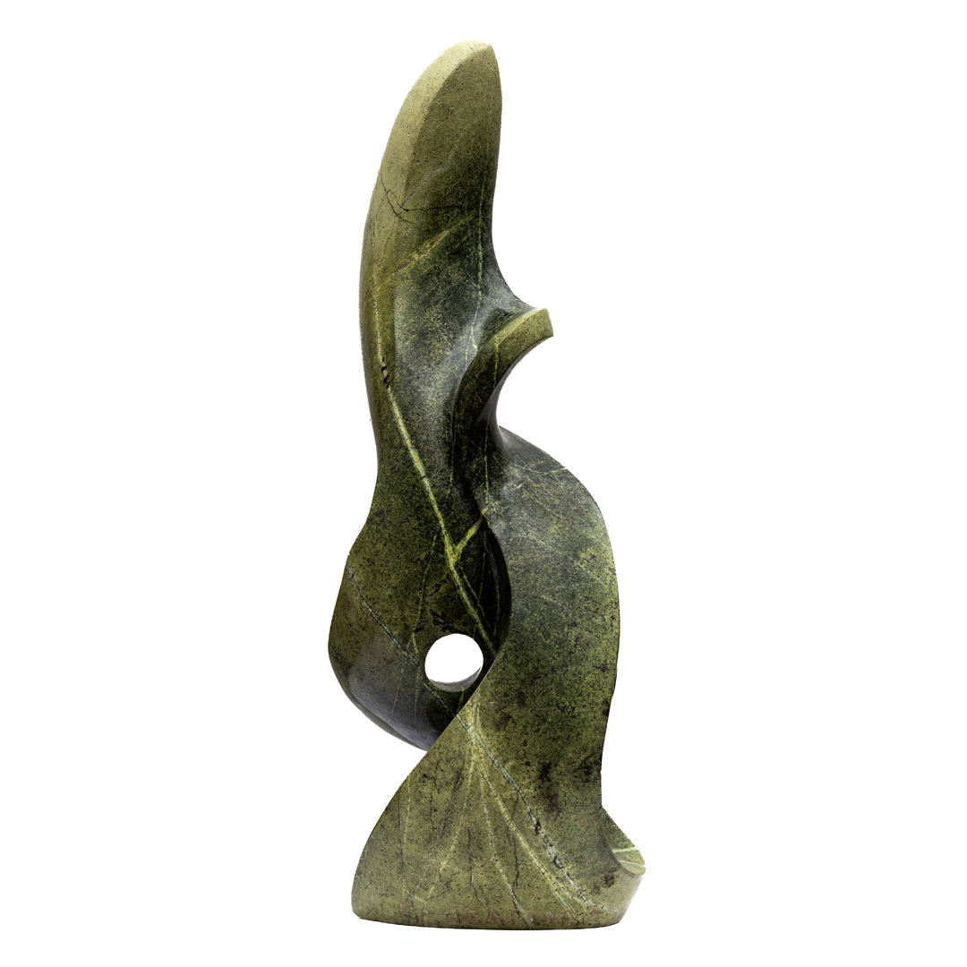 Embrace by Kufa McDonald. Unique hand carved, table-top sized, abstract Shona sculpture made from avocado stone in a flame like swirling form.
