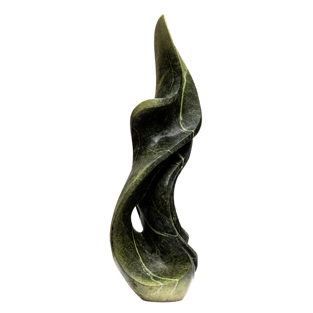 Embrace by Kufa McDonald. Unique hand carved, table-top sized, abstract Shona sculpture made from avocado stone in a flame like swirling form.