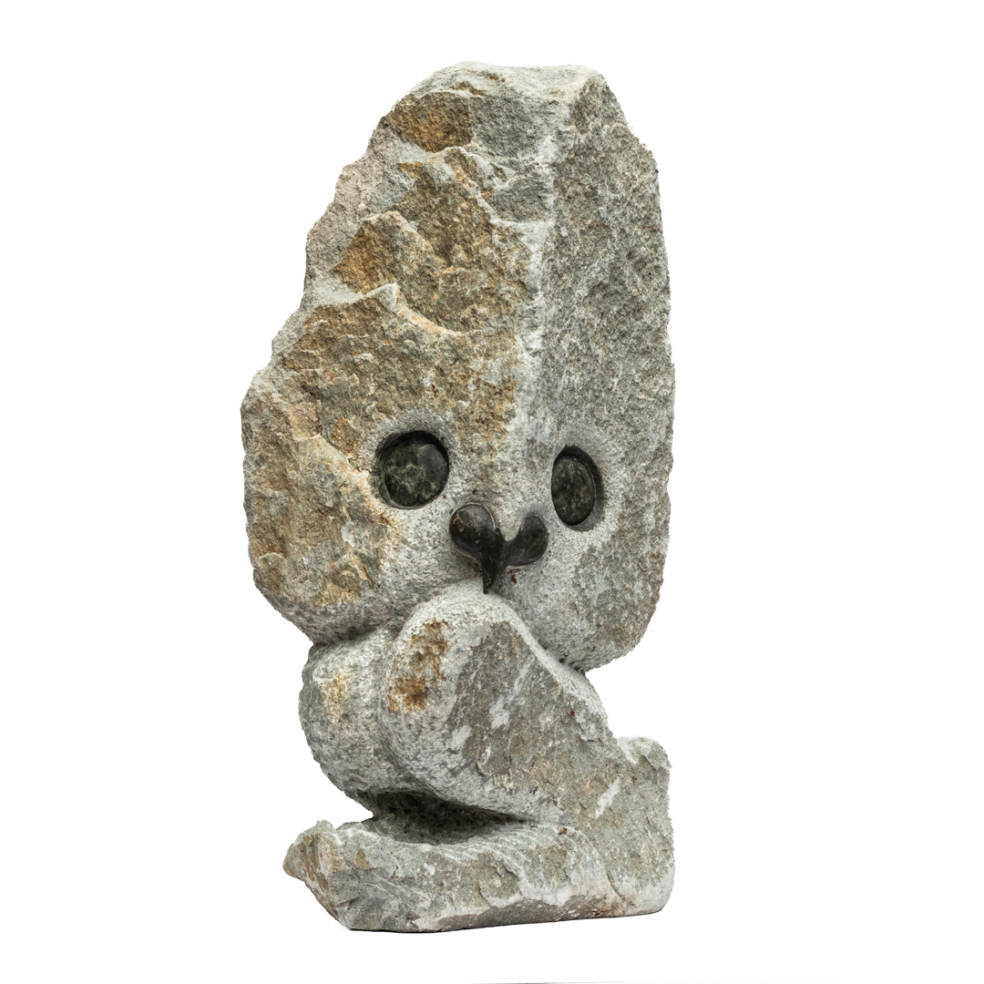 The Protector by Taurai Mupaso, a Shona Opal Stone sculpture of a stylised owl standing and looking around.