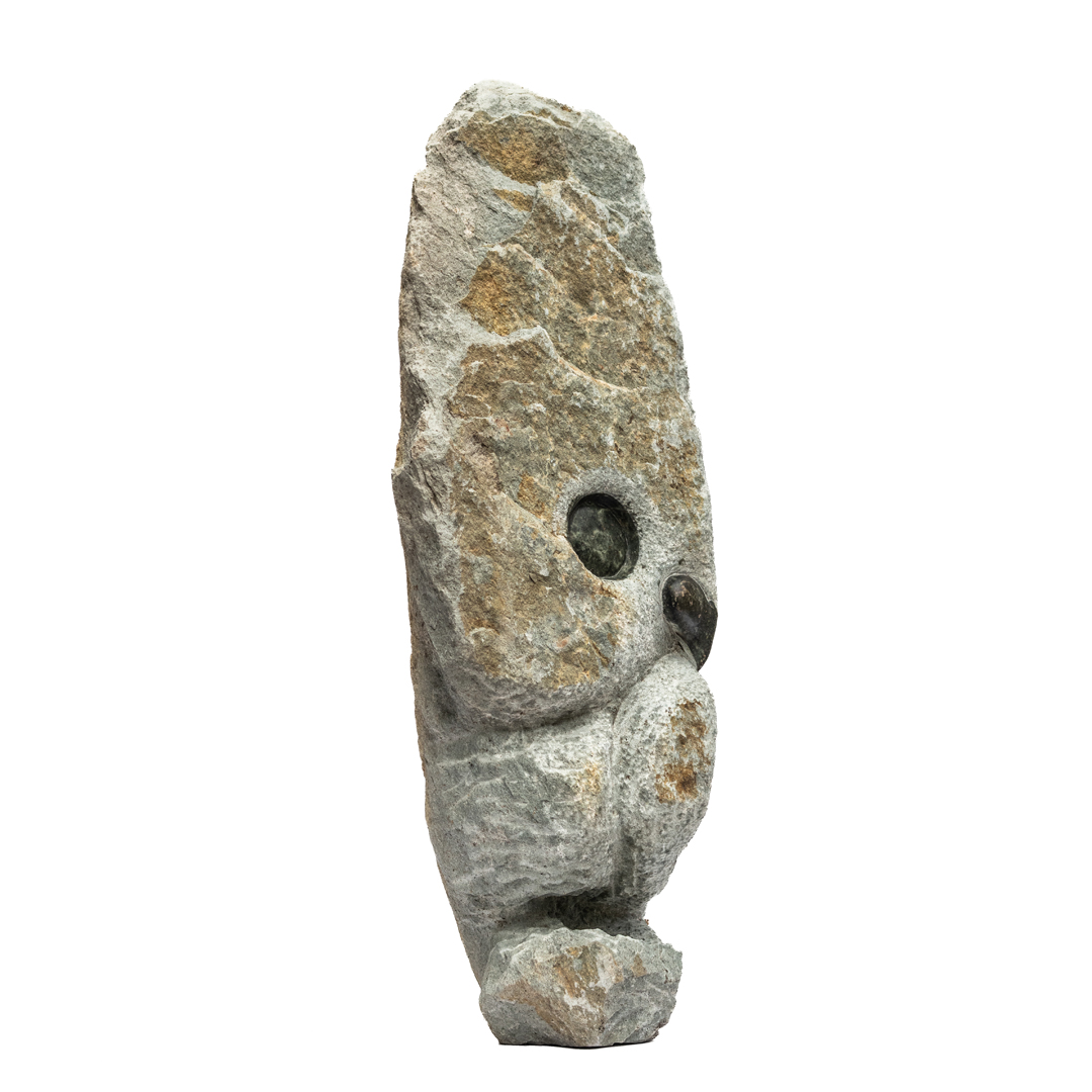 The Protector by Taurai Mupaso, a Shona Opal Stone sculpture of a stylised owl standing and looking around.